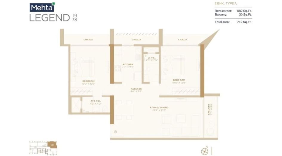 Mehta-LEGEND-1978-Floor-plan-2BHK-712 Sqft-Type-A
